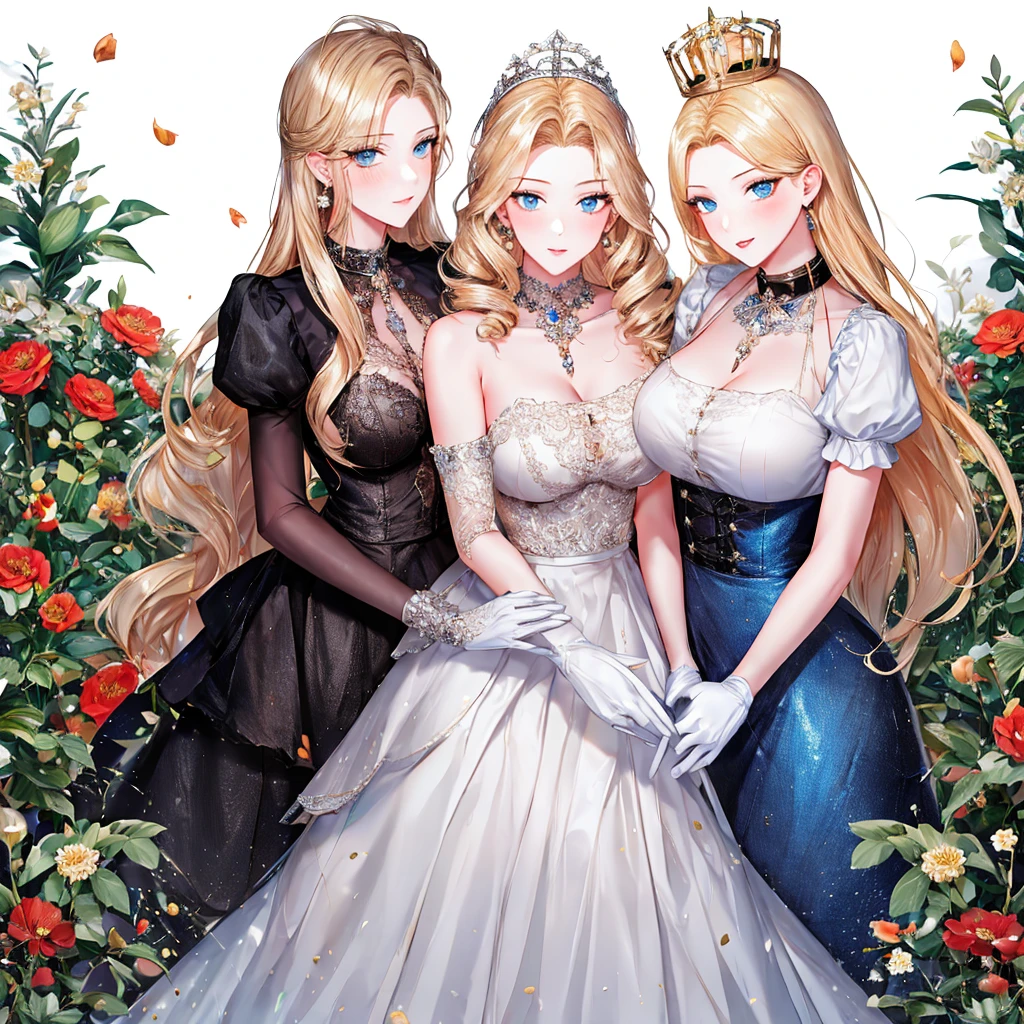 girly style, (flower background, romance comics), 3 girls, 18 years old blonde, alone, long hair, flower, skirt, crown, white skirt, Gloves, Long sleeve, collar, Blue eyes, mascara, cosmetics, white Gloves, black bow, black flower, Straight Hair, drill hair, french OKid, bow, OK, jewelry, looking at the audience, White background, clavicle, puffy sleeves, silver accessories,full-body shot, parted bangs, very long hair, blue skirt, trim, bangs, Keep your mouth shut, delicate eyes, Big breasts, 