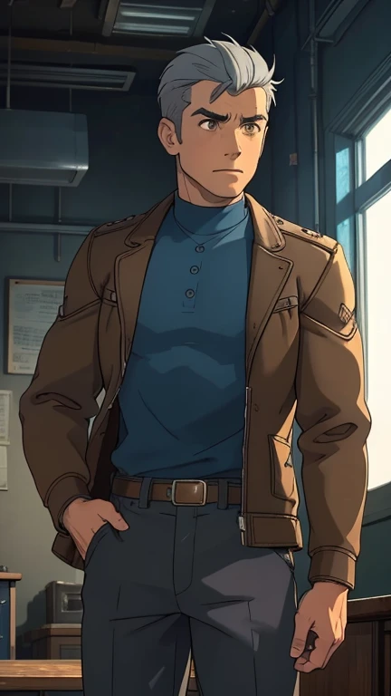 (European: Teens: 1male,clark,blue top,brown pant,brown jacket,StudioGhibliStyleHMC), (extremely detailed CG unit 8k wallpaper),(master part), (best quality), (ultra detail), (best illustration), (cinematic lighting), cowboy shot, (Sharp eyeliner, detailed eyes:1), dark dieselpunk indoors background, break , (dieselpunkAI), very short hair, grey hair