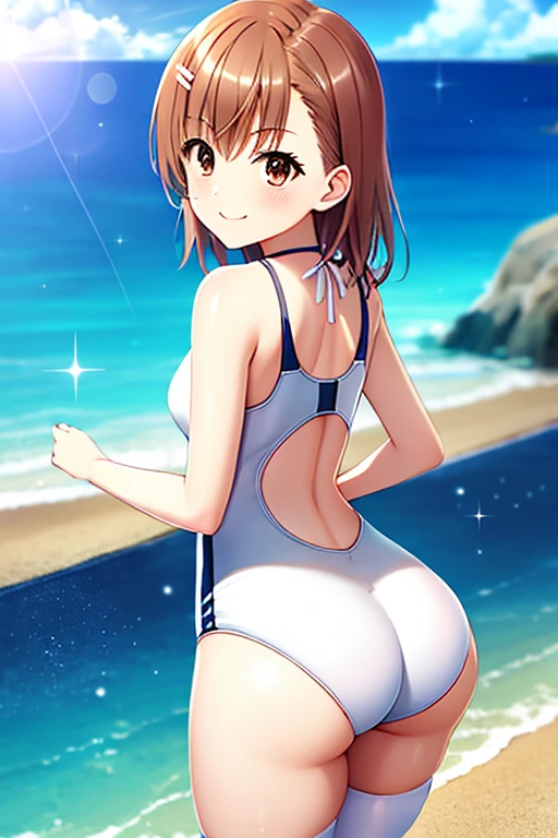 masterpiece, best quality, misaka_mikoto, brown eyes, looking at viewer, solo, small breast, upper body, (swimsuit), beach, outdoor, , smile, close_mouth, ((crossed legs)), ((standing)), lens flare abuse, one piece suit, body suit, shiny clothes, thicc, onegirl, 1girl, white swimsuit, pantihose, ass pose, botty pose, back pose, nice ass, latex