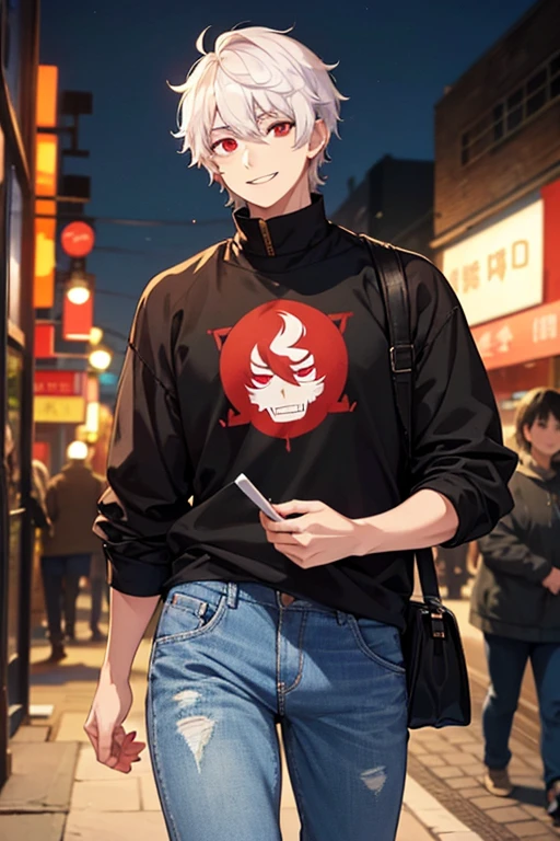 Young man with short white curly hair,Cao Cao,Eyes red,black sweatshirt and jeans,strolling,with a sweet smile