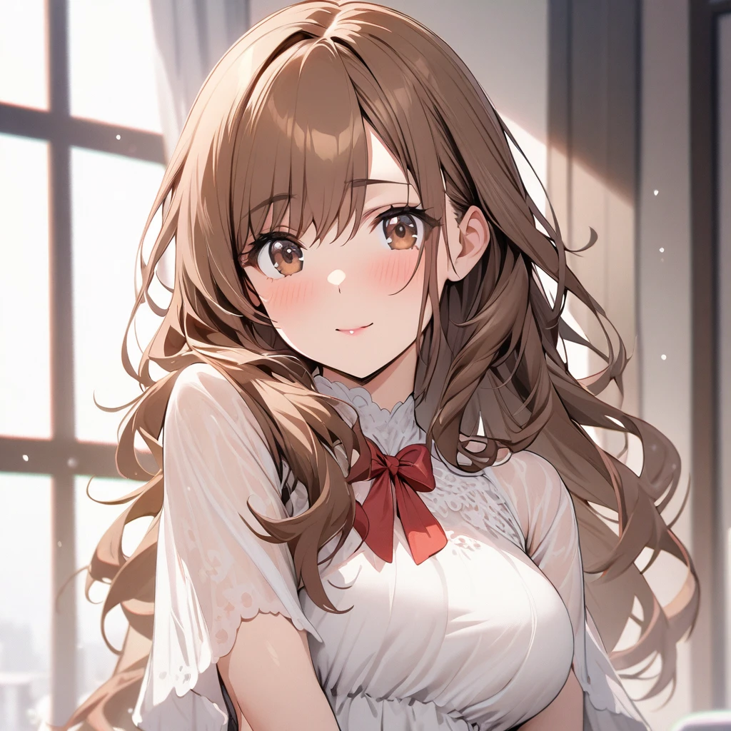 Solo, 1girl, Long Hair, brown hair, brown eyes, cute, mature, high detail, white dress, red bow