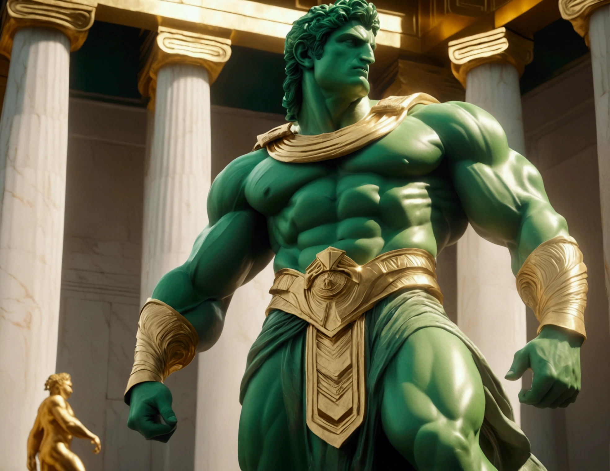 a muscular green humanoid figure, incredibly detailed and hyper-realistic, contemplative staring upwards, dramatic powerful pose, marble statue, gold paint highlights, Greek temple background, cinematic lighting, photorealistic, 8k, best quality, ultra-detailed, masterpiece