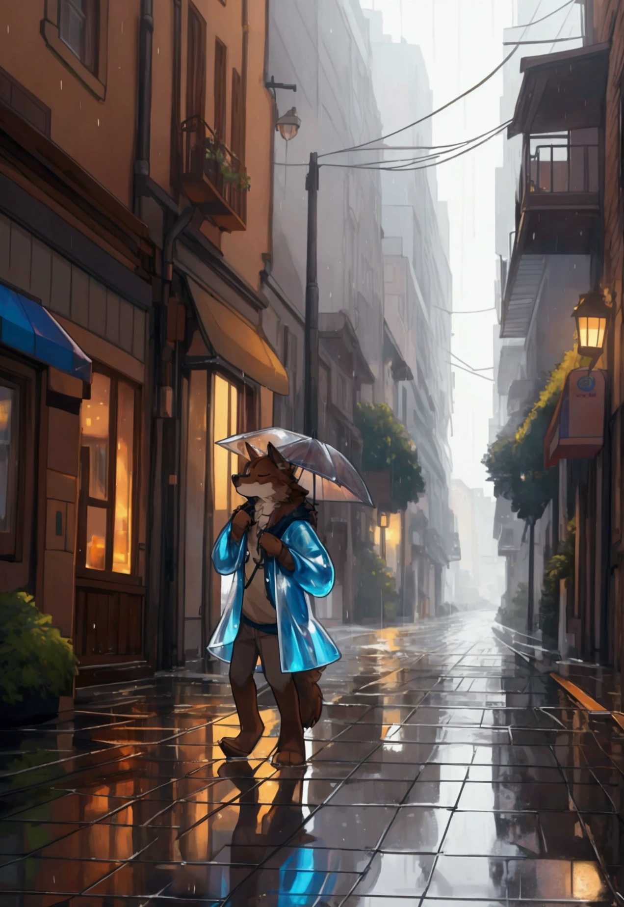 wolf, small male wolf, brown fur, furry, play in the rain, closed eyes, puddles, wearing holographic raincoat, anthromorpophic, cute, street view, afternoon scenery, good quality, beautiful scenery