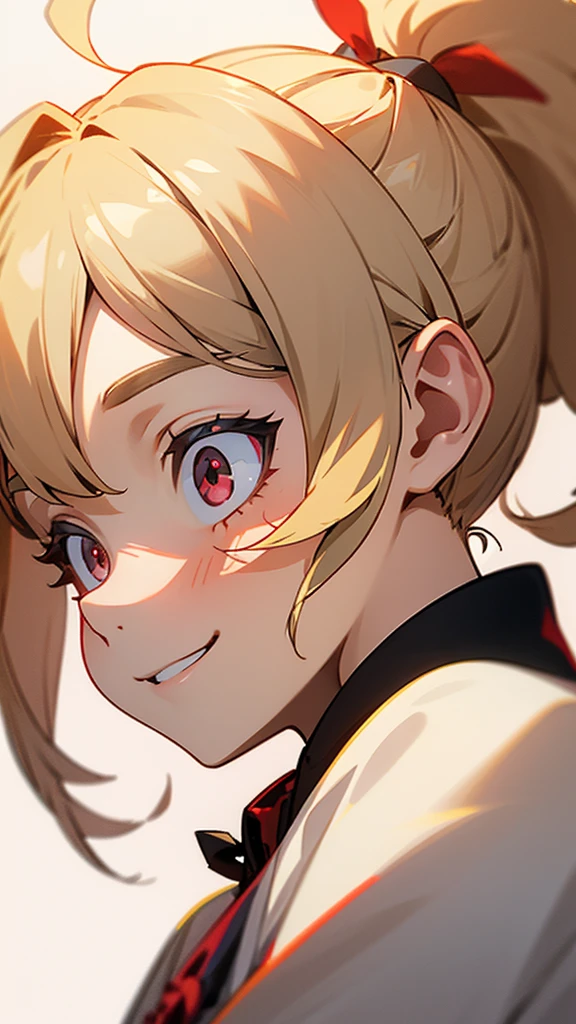 1girl、blonde、ponytail、Round red eyes、Ahoge、Blouse shirt with ethnic patterns and primary colors、Grin、profile、Face close-up、Morning Park、Background Blur, Written boundary depth