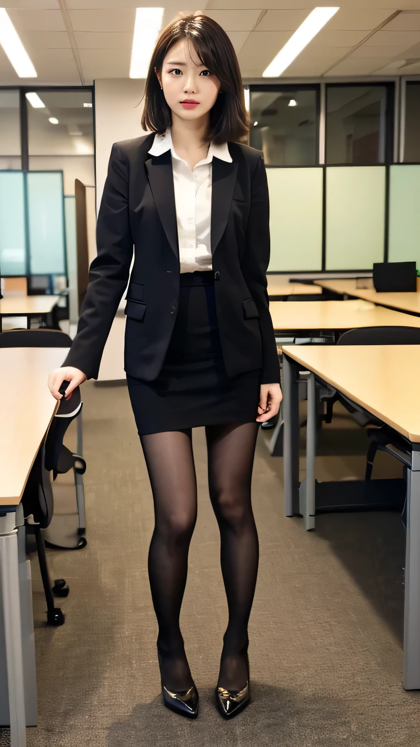 (Tabletop,high quality,16K:1.1),(Depth of written boundary:1.3) ,((Front body:1.35))smile、Beautiful teeth alignment、Short Haircut、Black Hair、Office Lady Suits、Knee-length skirt、tights、pumps、(Full Body Shot:1.2),,The background is the office
