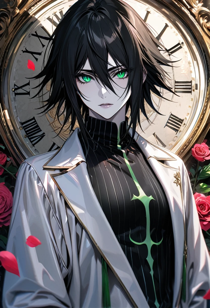 absurdres, highres, ultra detailed, HDR, masterpiece, extremely detailed face and eyes, perfect face, Ulquiorra Cifer, black hair, hair between the eyes, expressive green eyes, pale skin, Bleach, solo, sexy man, handsome, white coat, tight black shirt, patterns, pink roses, petals, in woderland, clock, black pupils, slit pupils, perfect eyes, highly detailed eyes, 8K, HD, HDR, UHD, highres