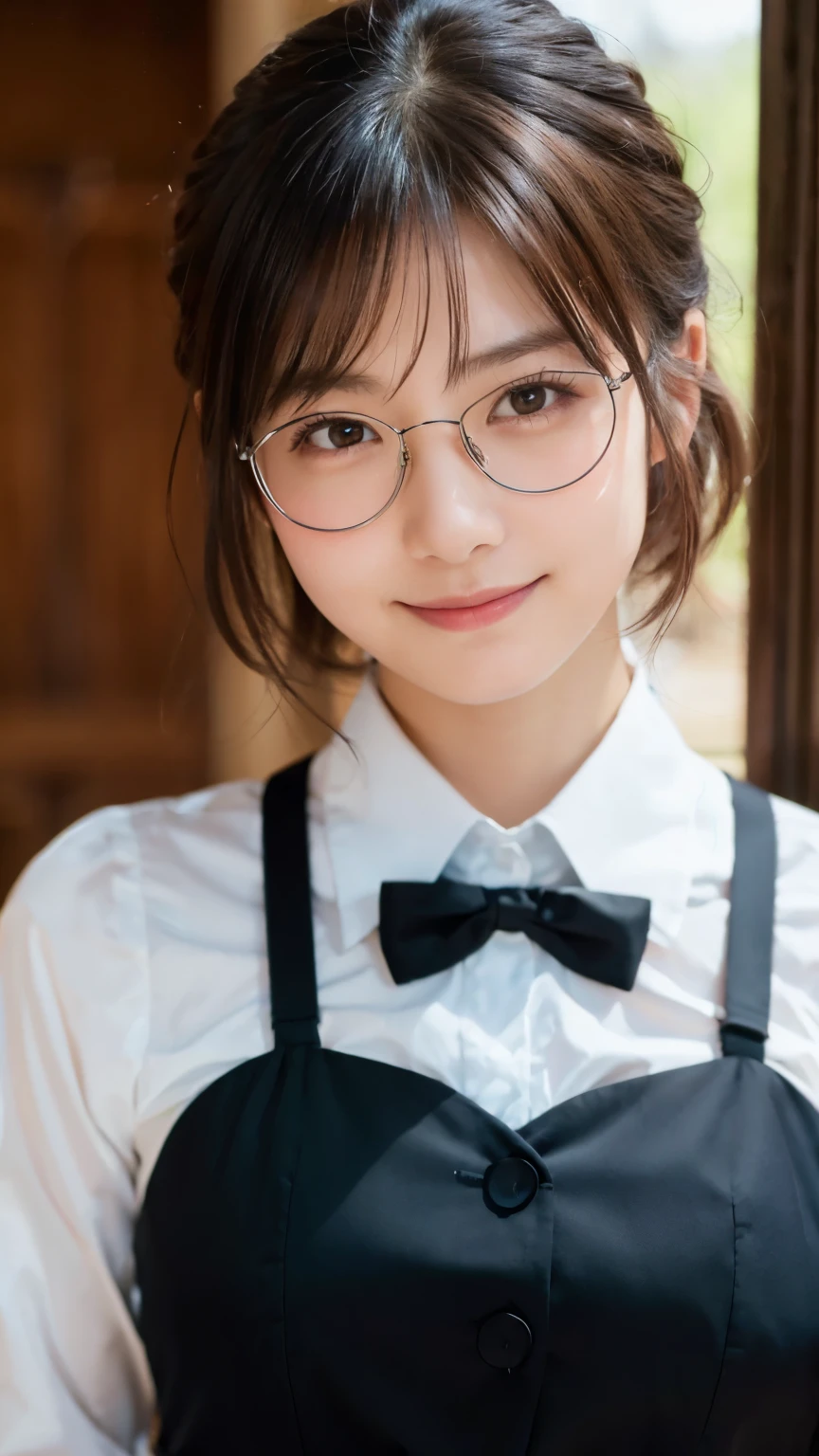 (Highest quality,masterpiece:1.3,Ultra-high resolution),(Very detailed,Caustics,8k),(Realistic:1.4,RAW shooting),A girl dressed as a butler,Japanese,boyish,smile,20-year-old,Short black hair,Glasses,Looking into the camera,Inside the Western-style building,Waist up shot,front,Face Focus,Face close-up,(Warm Light),Professional Writing