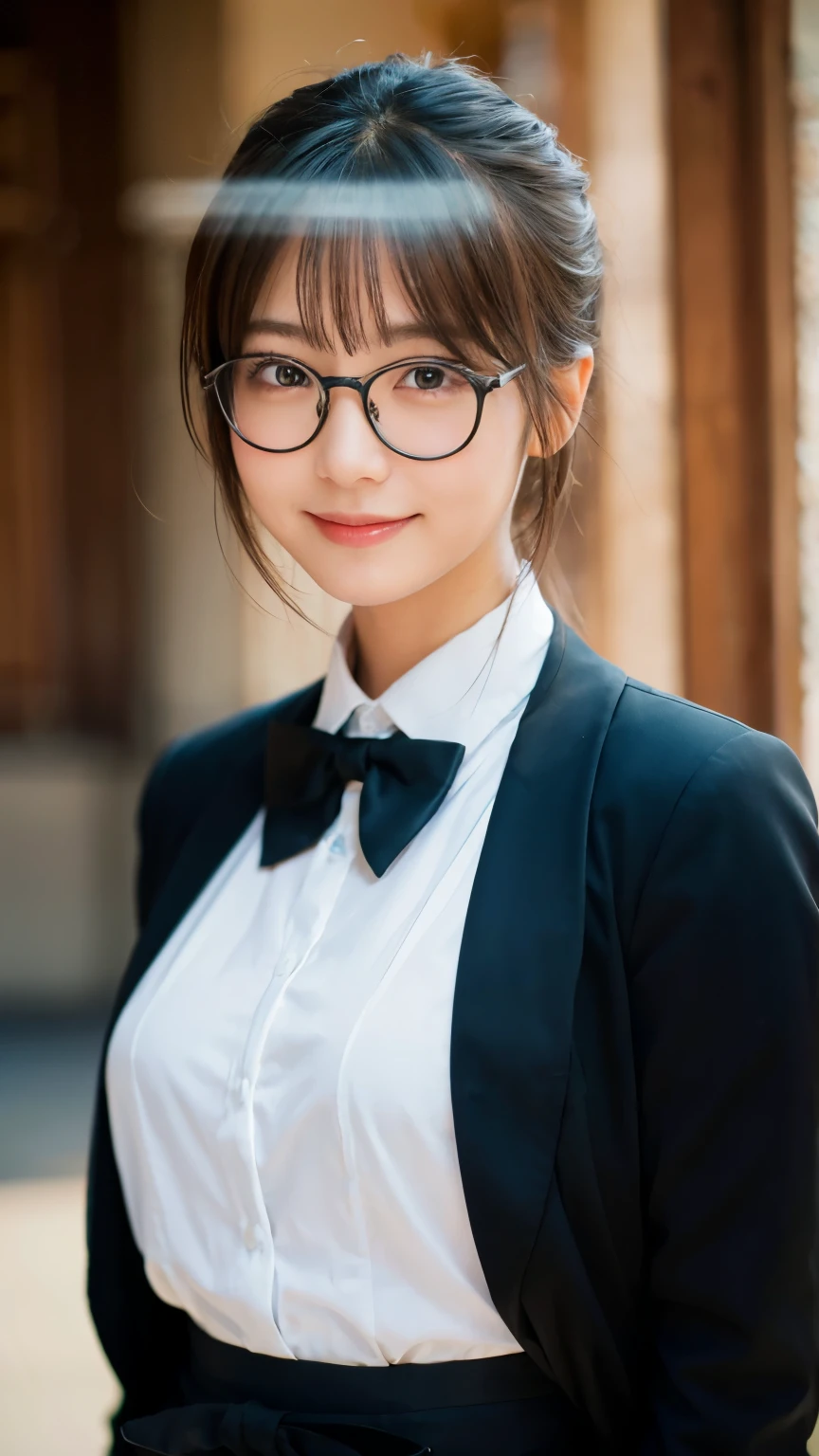 (Highest quality,masterpiece:1.3,Ultra-high resolution),(Very detailed,Caustics,8k),(Realistic:1.4,RAW shooting),A girl dressed as a butler,Japanese,boyish,smile,20-year-old,Short black hair,Glasses,Looking into the camera,Inside the Western-style building,Waist up shot,front,Face Focus,Face close-up,(Warm Light),Professional Writing