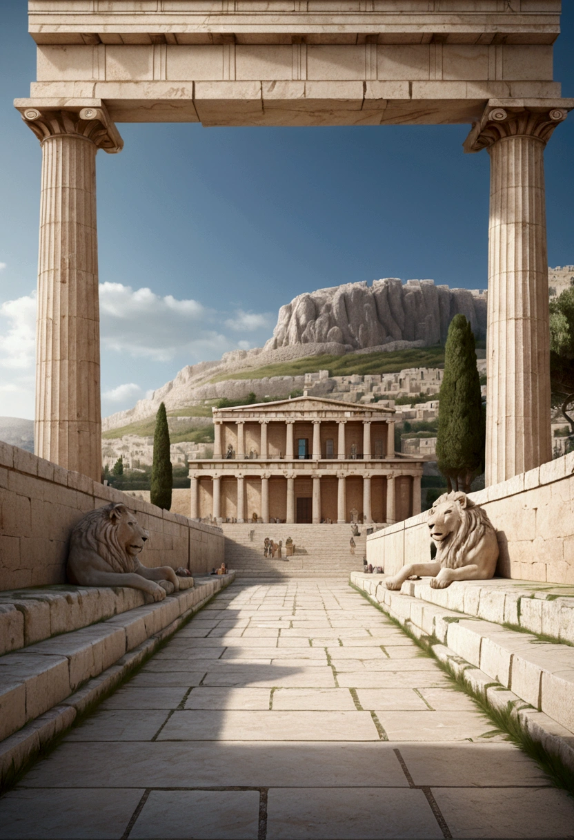 (Ancient Greek Art), architecture, Tilo Island, Lion Terrace, panorama view, full body, award-winning, cinematic still, emotional, vignette, dynamic, vivid, (masterpiece, best quality, photorealistic, Professional, perfect composition, very aesthetic, absurdres, ultra-detailed, intricate details:1.3)