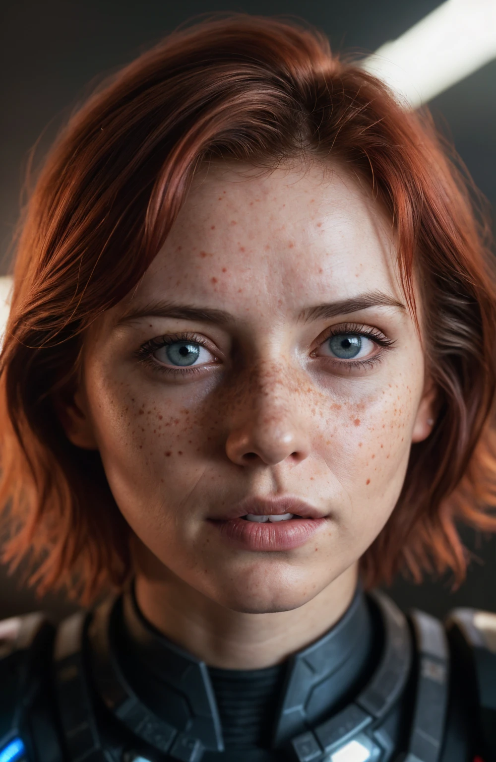 (Close-up, editorial photograph of a 21 year old woman), (highly detailed face:1.4) (smile:0.7) (background inside dark, moody, private study:1.3) POV, by lee jeffries, nikon d850, film stock photograph ,4 kodak portra 400 ,camera f1.6 lens ,rich colors, hyper realistic ,lifelike texture, dramatic lighting , cinestill 800, wavy hair, messy hair, short hair, commander Shepard haircut, Serious smirk, Red hair, Blue Eyes, freckles, White Skin, Halo Suit, Sci Fi, Cyberpunk, Futurism, Mass Effect, Astral Plane, European expressions, European woman, European skin, Athletic body
