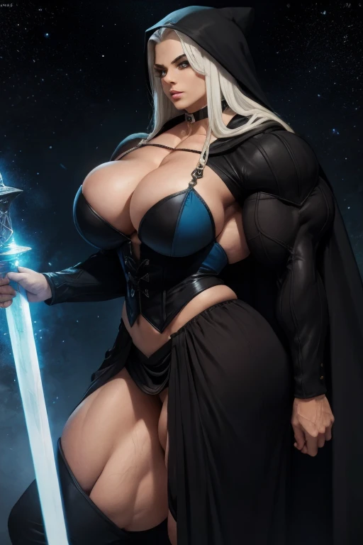 ((Close-up)), tall, (White hair) beautiful muscular woman, long straight hair, light brown skinned, closed smile, big breast, (black lipstick), (massive muscles), (hyper muscle), ((ginormous bulky muscles)), glowing blue eyes, ((black hooded coat and black corset)), (long pleated skirt), (carrying a giant ice sword), choker, thigh high boots, (Dark and moody universe:1.3)