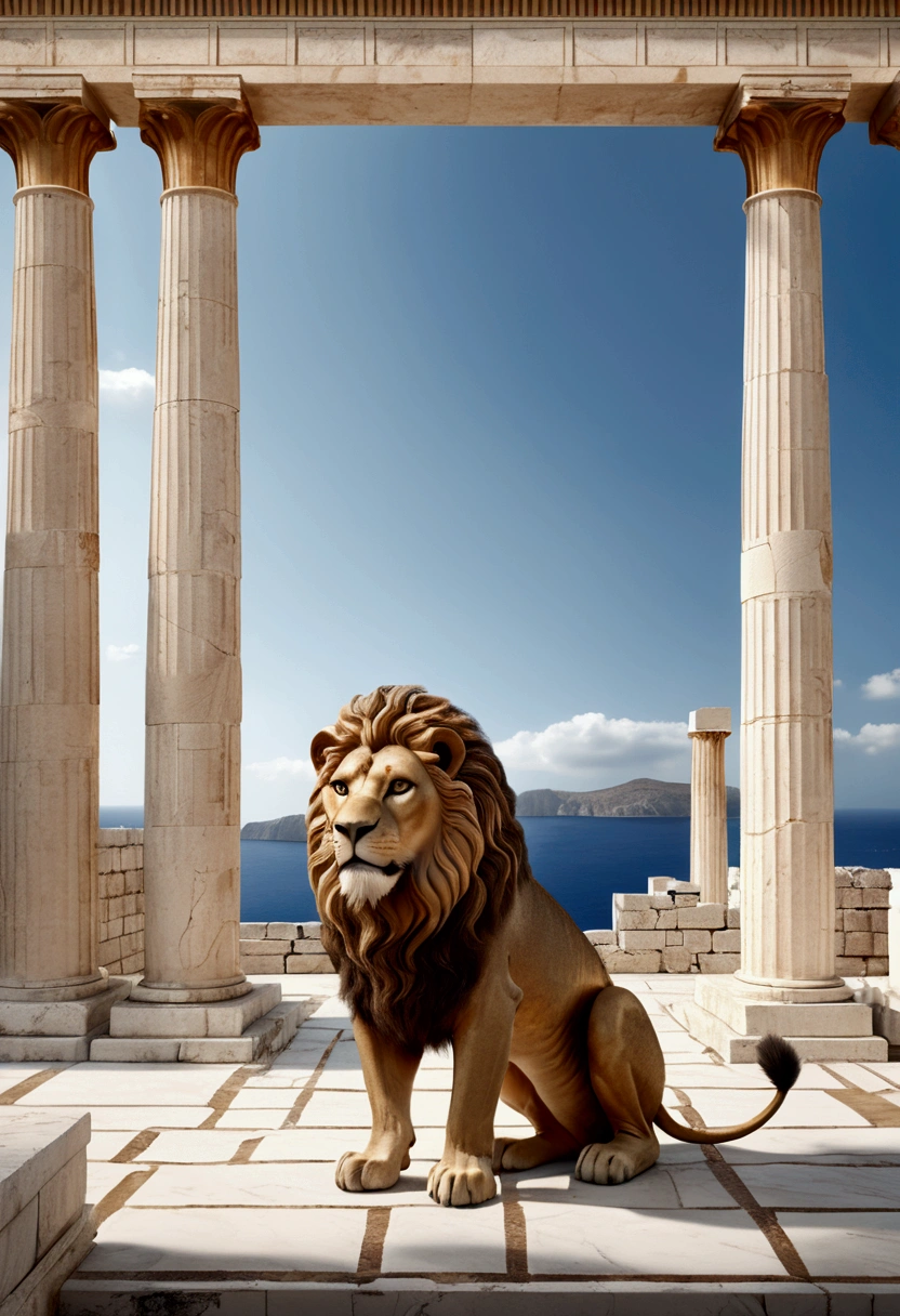 (Ancient Greek Art), architecture, Tilo Island, Lion Terrace, panorama view, full body, award-winning, cinematic still, emotional, vignette, dynamic, vivid, (masterpiece, best quality, photorealistic, Professional, perfect composition, very aesthetic, absurdres, ultra-detailed, intricate details:1.3)