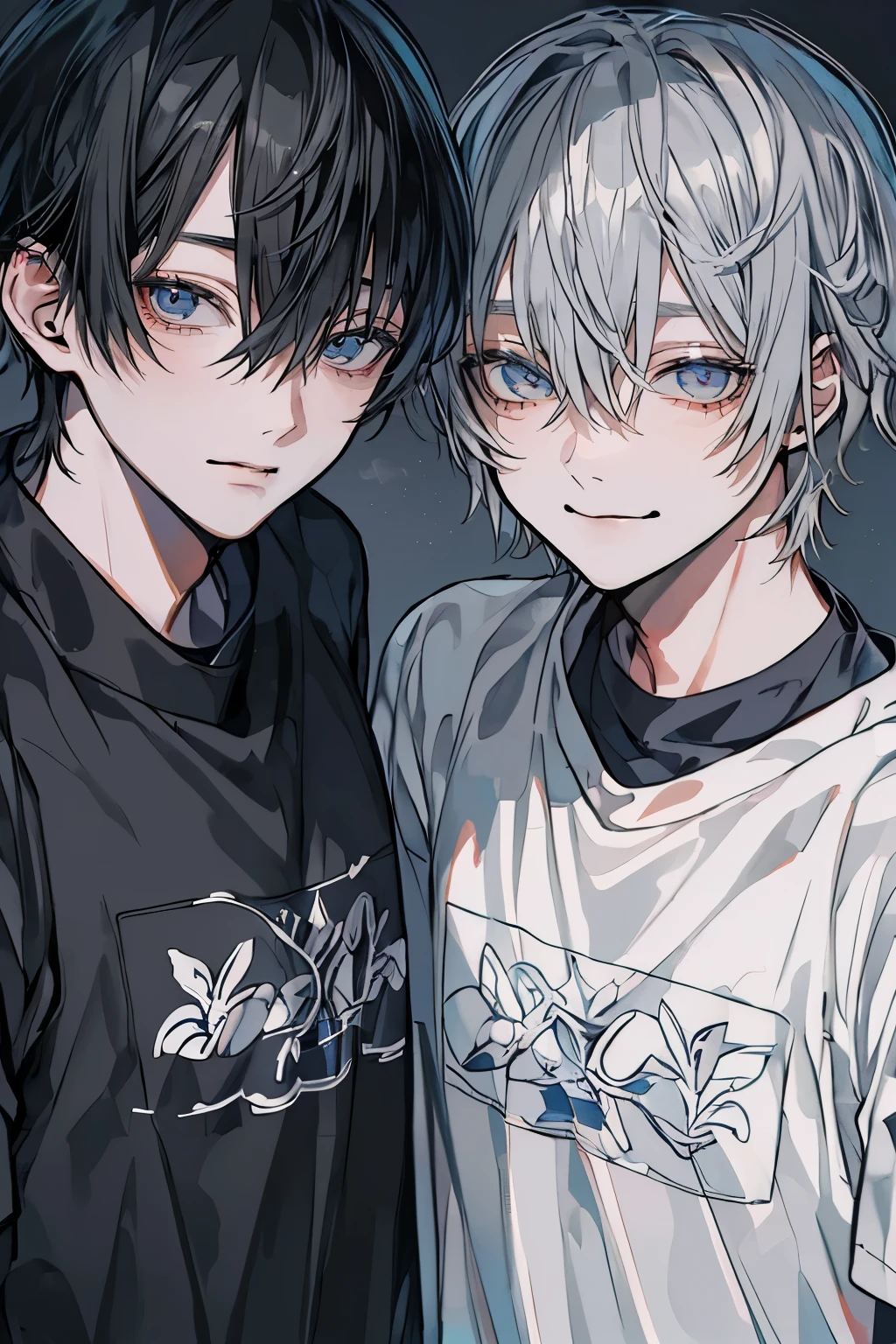 (Mastepiece), (Best Quality), Very detailed, (((Two friendly men:1.5))), Perfect Face, Beautiful Face, Very detailedな顔,(Black-haired man:1.3),(Grey-haired man:1.3),T-Shirts