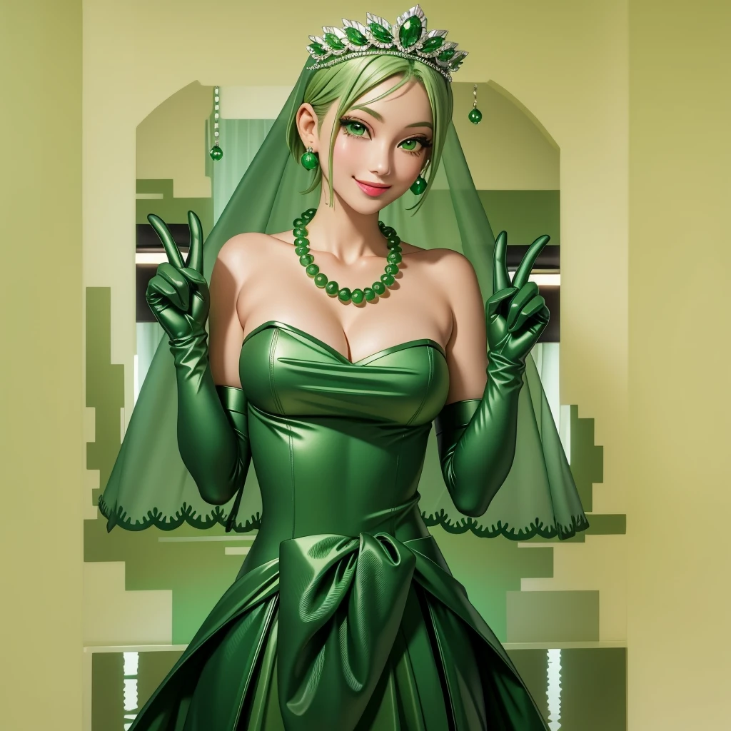 Emerald tiara, Green Pearl Necklace, ボーイッシュな非常に短いGreen Hair, Green Lips, Smiling Japanese woman, Very short hair, Busty beautiful lady, Green Eyes, Green satin long gloves, Green Eyes, Emerald Earrings, Green veil, All, Green Hair, Beautiful Japanese Woman, green lip gloss