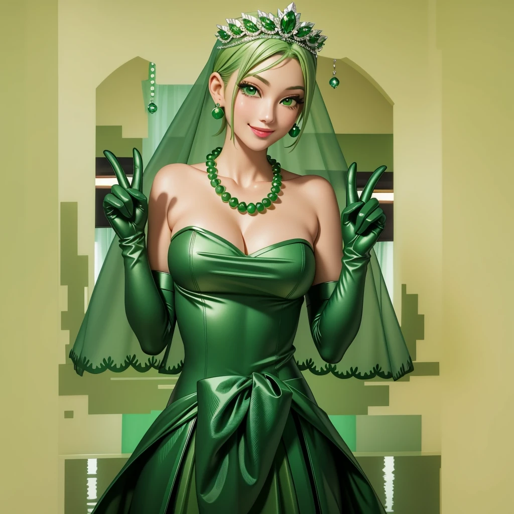 Emerald tiara, Green Pearl Necklace, ボーイッシュな非常に短いGreen Hair, Green Lips, Smiling Japanese woman, Very short hair, Busty beautiful lady, Green Eyes, Green satin long gloves, Green Eyes, Emerald Earrings, Green veil, All, Green Hair, Beautiful Japanese Woman, green lip gloss