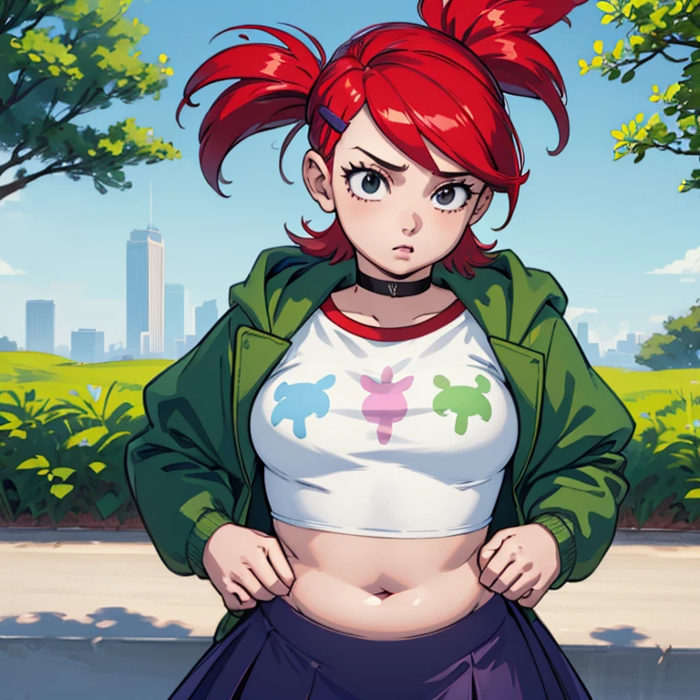 (masterpiece, best quality:1.2), frankiefoster, 1girl, fat, body plus, solo, breasts, skirt, medium breasts, shirt, hair ornament, jacket, white shirt, ponytail, choker, hairclip, midriff, crop top, black choker, purple skirt, green jacket, cropped shirt, park, park bench, running, path, tree, grass,