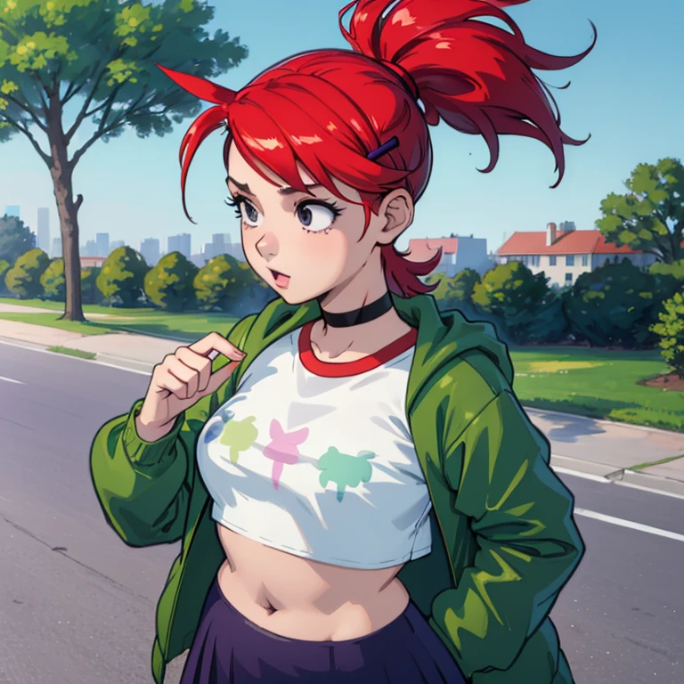 (masterpiece, best quality:1.2), frankiefoster, 1girl, fat, body plus, solo, breasts, skirt, medium breasts, shirt, hair ornament, jacket, white shirt, ponytail, choker, hairclip, midriff, crop top, black choker, purple skirt, green jacket, cropped shirt, park, park bench, running, path, tree, grass,