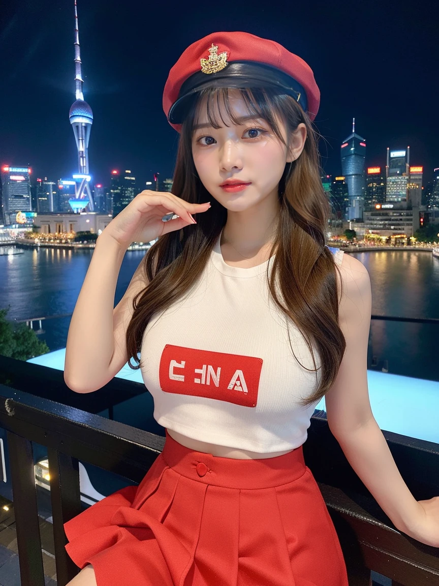 最high quality, masterpiece, 32K、Very detailed、Realistic、1 girl, Japanese women、Cute Face, (photo Actual:1.3),Medium Hair(Blonde Hair Color、Great brown hairstyles)、Edge lighting, (Skin with attention to detail:1.2), 8k超High resolution, Single-lens reflex camera, high quality, High resolution, 4K, 8k, Optimal ratio of four fingers to one thumb, (Actual:1.3), cute 1 girl, Realistic、Super Realistic、32K、Very detailed、masterpiece, 最high quality, beautiful girl, beauty、Mecha, Beautiful lighting, (Neon Light:1.2), (night:1.5), K-Pop Idol Costumes、Sleeveless outfit、Shorts、Large Breasts(big 、There is a valley)、Swiss flag t-shirt、Red and white cheerleader skirt、Red military cap(Military style hat)、Are standing、Cyber Neon、Future City、Skyscraper、都会のnight、Shanghai、big cities、night景、綺麗なnight景