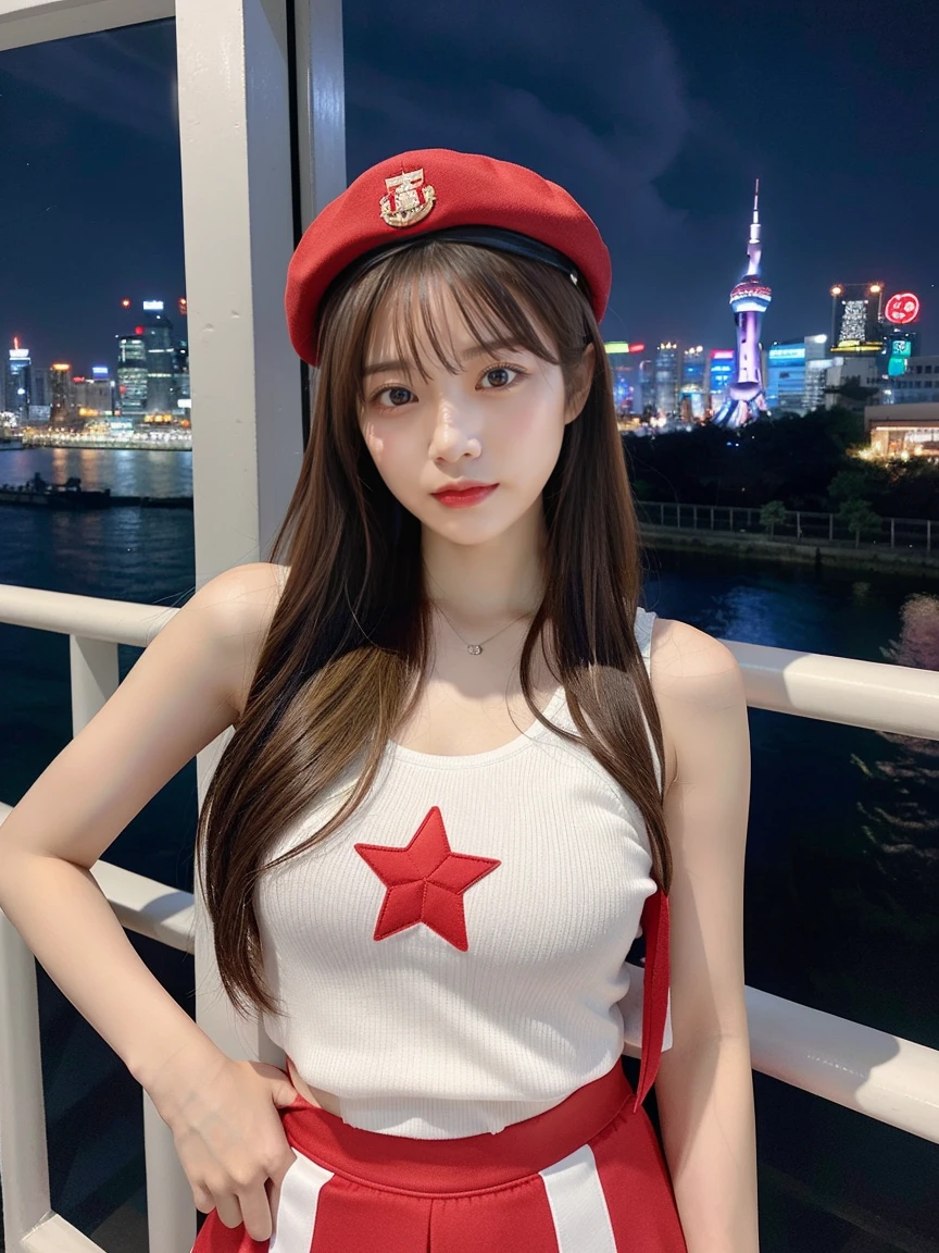 最high quality, masterpiece, 32K、Very detailed、Realistic、1 girl, Japanese women、Cute Face, (photo Actual:1.3),Medium Hair(Blonde Hair Color、Great brown hairstyles)、Edge lighting, (Skin with attention to detail:1.2), 8k超High resolution, Single-lens reflex camera, high quality, High resolution, 4K, 8k, Optimal ratio of four fingers to one thumb, (Actual:1.3), cute 1 girl, Realistic、Super Realistic、32K、Very detailed、masterpiece, 最high quality, beautiful girl, beauty、Mecha, Beautiful lighting, (Neon Light:1.2), (night:1.5), K-Pop Idol Costumes、Sleeveless outfit、Shorts、Large Breasts(big 、There is a valley)、Swiss flag t-shirt、Red and white cheerleader skirt、Red military cap(Military style hat)、Are standing、Cyber Neon、Future City、Skyscraper、都会のnight、Shanghai、big cities、night景、綺麗なnight景