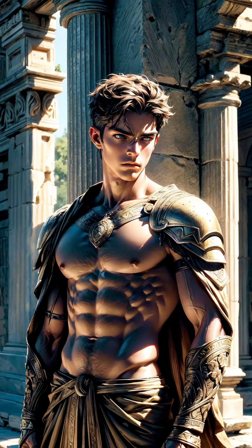 a detailed sculpture of an ancient greek warrior carved into the wall of an ancient greek ruin, (best quality,4k,8k,highres,masterpiece:1.2),ultra-detailed,(realistic,photorealistic,photo-realistic:1.37),extremely detailed sculpture,highly intricate carving,ancient greek architecture,crumbling stone walls,dramatic lighting,chiaroscuro lighting,warm color palette,muted earth tones,muscular male figure,heroic pose,detailed facial features,intense expression,ancient greek armor,ancient greek weapons,ancient greek culture