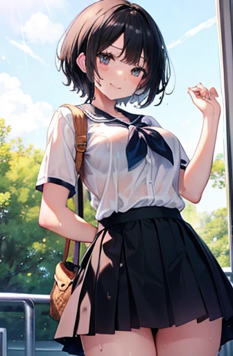 ,Middle School girl,Very short hair,Childish,Black Hair,campus,Middle School,sun,Cowboy shooting,summer,mini skirt,closure ~ Eye,Smile,Large Breasts,Sweating,wet,