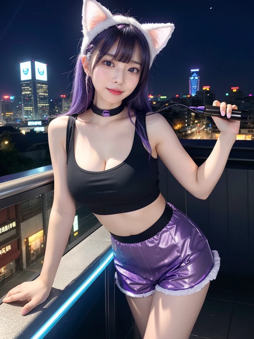 最high quality, masterpiece, 32K、Very detailed、Realistic、1 girl, Japanese women、Cute Face, (photo Actual:1.3),Bob Hair(Blue-violet hair color、Amazing blue and purple hairstyles)、Edge lighting, (Skin with attention to detail:1.2), 8k超High resolution, Single-lens reflex camera, high quality, High resolution, 4K, 8k, Optimal ratio of four fingers to one thumb, (Actual:1.3), cute 1 girl, Realistic、Super Realistic、32K、Very detailed、masterpiece, 最high quality, beautiful girl, beauty、Mecha, Beautiful lighting, (Neon Light:1.2), (night:1.5), K-Pop Idol Costumes、Sleeveless outfit、White-based houndstooth pattern sleeveless top、Jersey fabric shorts、Large Breasts(big 、There is a valley)、Cat ears microphone headphones(Headphones Gaming Headgear with Mic、Head Fan)、Are standing、Cyber Neon、Future City、Skyscraper、都会のnight、Shanghai、big cities、night景、綺麗なnight景