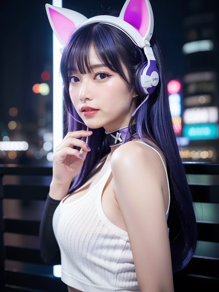 最high quality, masterpiece, 32K、Very detailed、Realistic、1 girl, Japanese women、Cute Face, (photo Actual:1.3),Bob Hair(Blue-violet hair color、Amazing blue and purple hairstyles)、Edge lighting, (Skin with attention to detail:1.2), 8k超High resolution, Single-lens reflex camera, high quality, High resolution, 4K, 8k, Optimal ratio of four fingers to one thumb, (Actual:1.3), cute 1 girl, Realistic、Super Realistic、32K、Very detailed、masterpiece, 最high quality, beautiful girl, beauty、Mecha, Beautiful lighting, (Neon Light:1.2), (night:1.5), K-Pop Idol Costumes、Sleeveless outfit、White-based houndstooth pattern sleeveless top、Jersey fabric shorts、Large Breasts(big 、There is a valley)、Cat ears microphone headphones(Headphones Gaming Headgear with Mic、Head Fan)、Are standing、Cyber Neon、Future City、Skyscraper、都会のnight、Shanghai、big cities、night景、綺麗なnight景