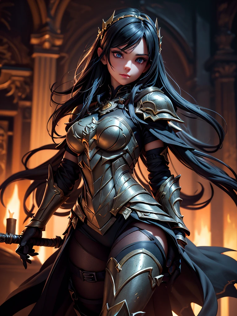 A dark and cursed female game character, wearing ornate black and gold armor, wielding a cursed blade, with dark vambraces and cursed boots, in a gloomy, atmospheric lighting, full body shot, (best quality,4k,8k,highres,masterpiece:1.2),ultra-detailed,(realistic,photorealistic,photo-realistic:1.37),HDR,UHD,studio lighting,ultra-fine painting,sharp focus,physically-based rendering,extreme detail description,professional,vivid colors,bokeh,dark fantasy,concept art
