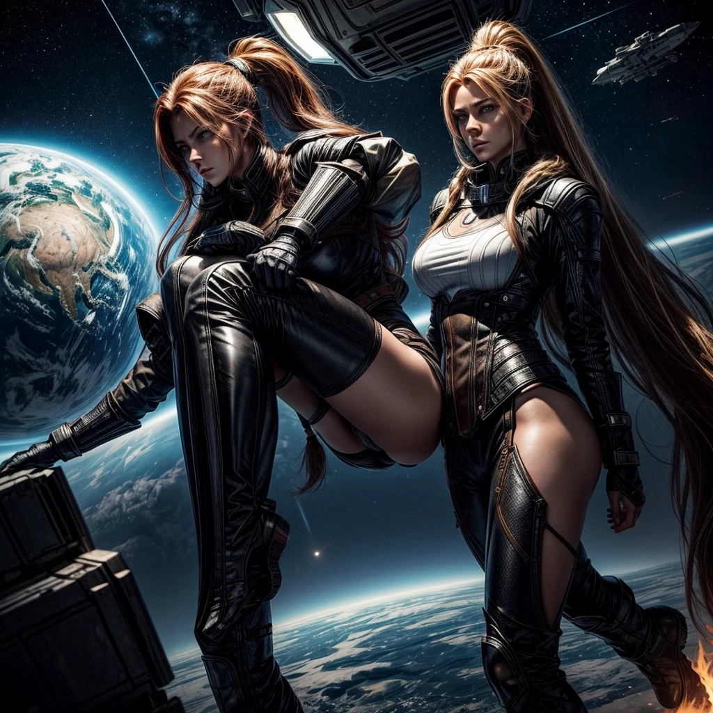 women tall "female dominated planet" amazons "big strong women" jacket "leather pants" boots "women are tall and muscular" "strong build" brunette auburn blonde "long layered hair" "long braids" "ponytail" "women are the dominant gender" athletic spaceship futuristic "women rule the world" athletic leggy heroines "broad shoulders" "very long legs" spacecraft super heroines Chinese south Asian north African Nordic Slavic