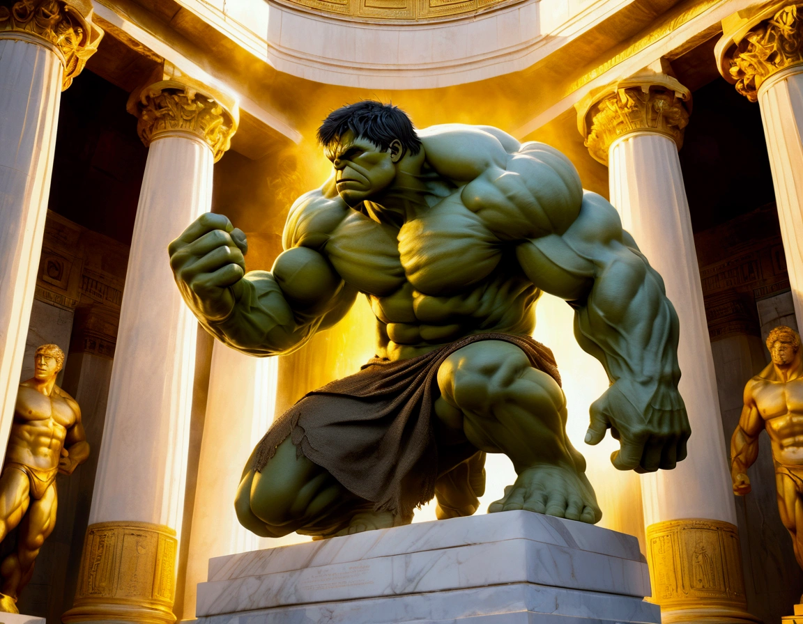 (The incredible hulk, nubile, contemplative stare looking to the heavens, dramatic powerful pose, marble statue, gold paint highlights), Greek temple
