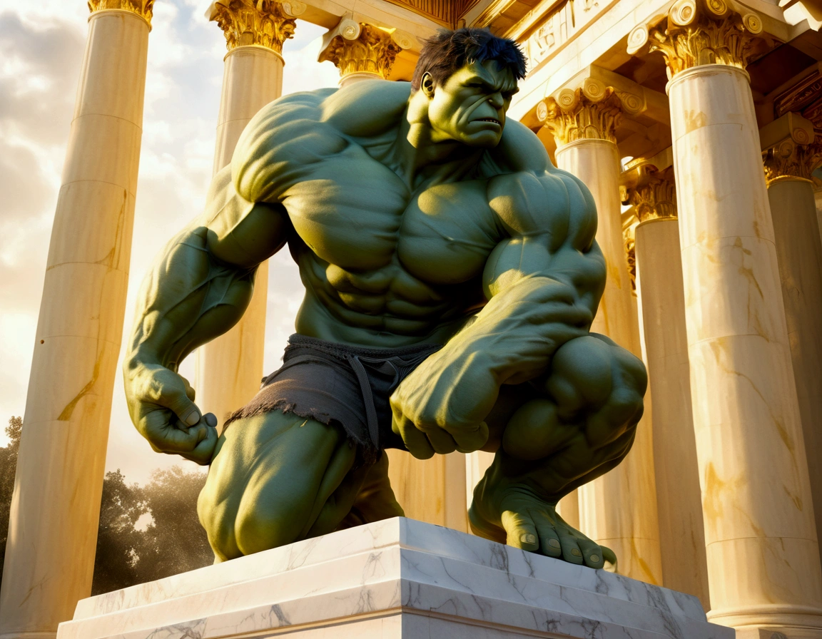 (The incredible hulk, nubile, contemplative stare looking to the heavens, dramatic powerful pose, marble statue, gold paint highlights), Greek temple