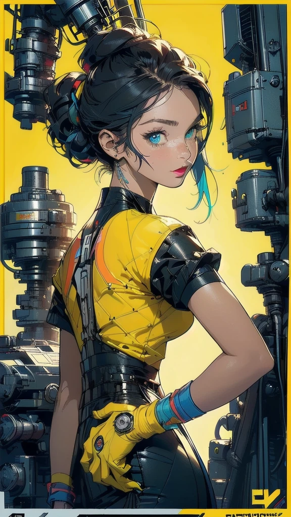 (((masterpiece, highest quality))),(((solo:1.2))),(((1girl:1.2))),32k wallpaper, very detailed, poster, vintage science fiction,(((((geometric cinematic movie poster))))), ((bauhaus)),(shape),(((abstract))),(mid century modern),movie poster,(((((portfolio))))),(((((Close-up))))),(((((bust up))))),((((more various angle)))),((((highlight)))),((((heterochromia)))),(((complete. detailed face))),((((Extremely talented)))),(((((most complecated futristic machine))))),(Colorful color scheme),(((detailed unlimited mechanic complete Equipment))),(((Absolutely Bright yellow background))),(((Matte texture background))),(((Beautiful woman looking back)))