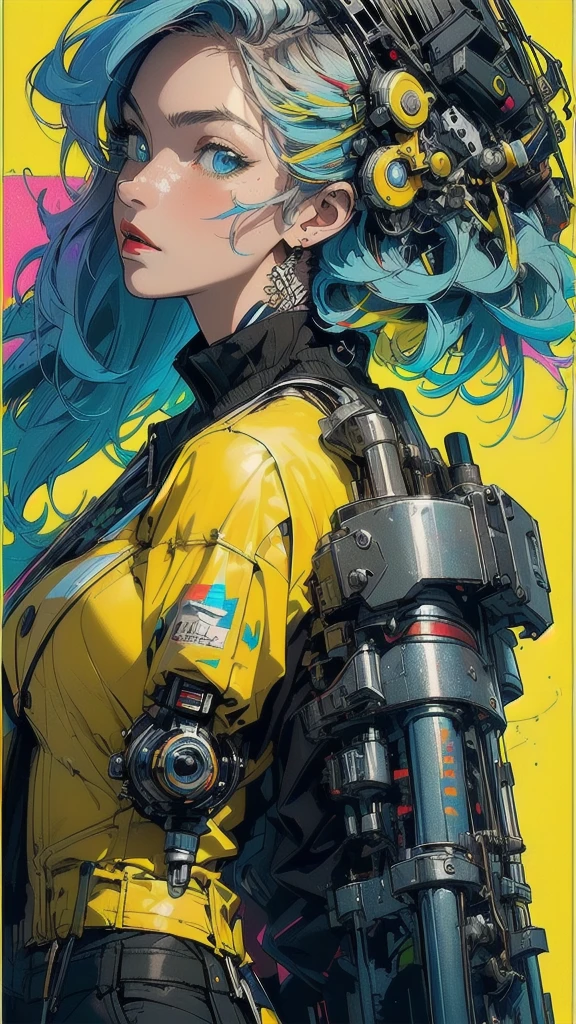 (((masterpiece, highest quality))),(((solo:1.2))),(((1girl:1.2))),32k wallpaper, very detailed, poster, vintage science fiction,(((((geometric cinematic movie poster))))), ((bauhaus)),(shape),(((abstract))),(mid century modern),movie poster,(((((portfolio))))),(((((Close-up))))),(((((bust up))))),((((more various angle)))),((((highlight)))),((((heterochromia)))),(((complete. detailed face))),((((Extremely talented)))),(((((most complecated futristic machine))))),(Colorful color scheme),(((detailed unlimited mechanic complete Equipment))),(((Absolutely Bright yellow background))),(((Matte texture background))),(((Beautiful woman looking back)))