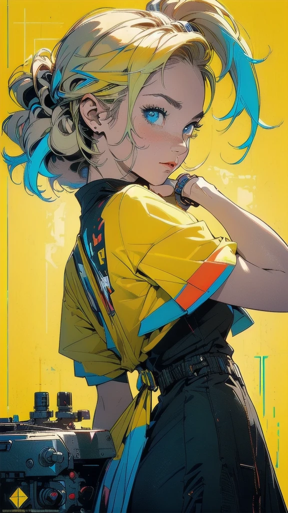 (((masterpiece, highest quality))),(((solo:1.2))),(((1girl:1.2))),32k wallpaper, very detailed, poster, vintage science fiction,(((((geometric cinematic movie poster))))), ((bauhaus)),(shape),(((abstract))),(mid century modern),movie poster,(((((portfolio))))),(((((Close-up))))),(((((bust up))))),((((more various angle)))),((((highlight)))),((((heterochromia)))),(((complete. detailed face))),((((Extremely talented)))),(((((most complecated futristic machine))))),(Colorful color scheme),(((detailed unlimited mechanic complete Equipment))),(((Absolutely Bright yellow background))),(((Matte texture background))),(((Beautiful woman looking back)))