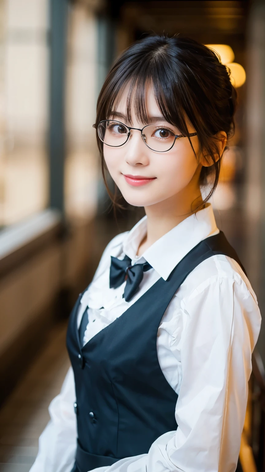 (Highest quality,masterpiece:1.3,Ultra-high resolution),(Very detailed,Caustics,8k),(Realistic:1.4,RAW shooting),A girl dressed as a butler,Japanese,boyish,smile,20-year-old,Short black hair,Glasses,Looking into the camera,Inside the Western-style building,Waist up shot,front,Face Focus,Face close-up,(Warm Light),Professional Writing