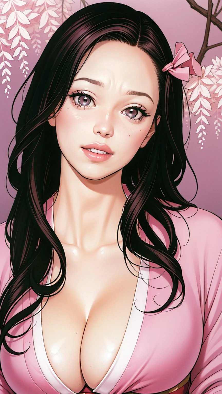 masterpiece, (pink kimono), seductive face, good lighting, cleavage, fine detail, masterpiece, glowing eyes, 1girl, black hair, sucking, nezuko kamado, wisteria background, masterpiece, best quality, pov,,