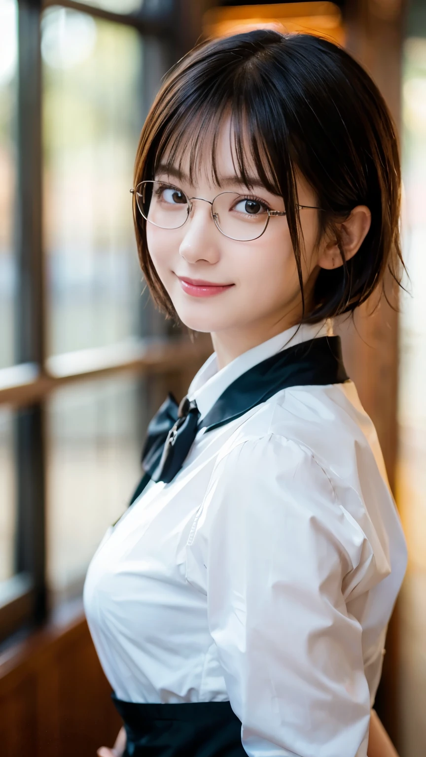 (Highest quality,masterpiece:1.3,Ultra-high resolution),(Very detailed,Caustics,8k),(Realistic:1.4,RAW shooting),A girl dressed as a butler,Japanese,boyish,smile,20-year-old,Short black hair,Glasses,Looking into the camera,Inside the Western-style building,Waist up shot,front,Face Focus,Face close-up,(Warm Light),Professional Writing