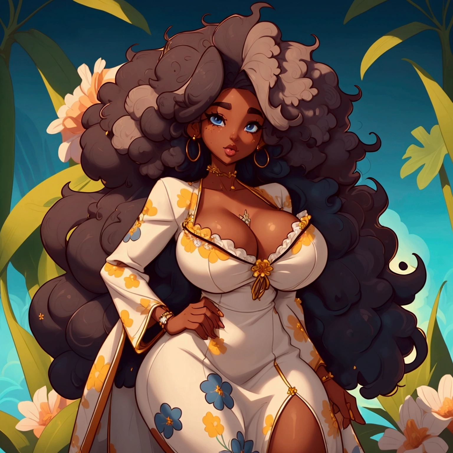 a sexy ebony skinned female with long puffy curyl afro hair, wearing a floral dress, classy, alluring, soft looking, blue eyes