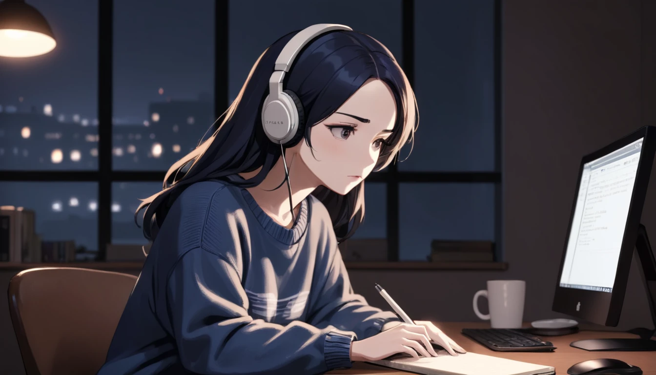 Lo-fi music anime illustration. A woman wearing headphones is researching on her PC. She is looking at the PC with a focused expression. She is dressed in a relaxed outfit (e.g., oversized sweater and jeans). On the desk, there are notebooks, a pen, and a coffee cup. In the background, there's a night window showing a quiet cityscape. The room is illuminated by warm lighting, creating a cozy atmosphere.
