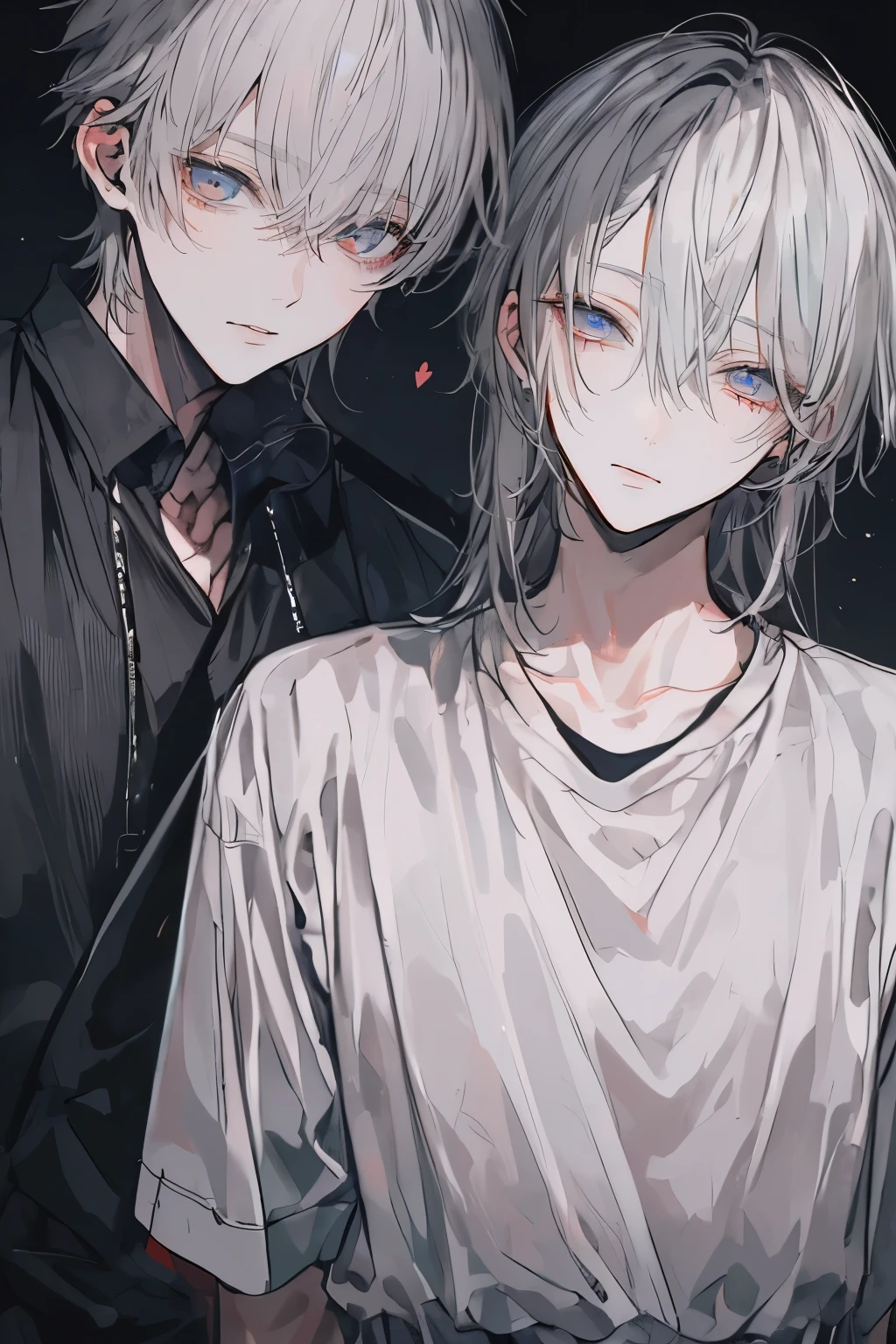 (Mastepiece), (Best Quality), Very detailed, (((Two friendly men:1.5))), Perfect Face, Beautiful Face, Very detailedな顔，(Black-haired man:1.3)，(Grey-haired man:1.3)，T-Shirts