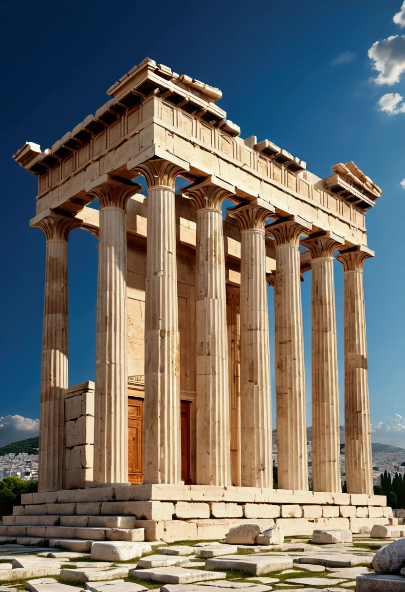(Ancient Greek Art), architecture, The Temple of Erechtion in Athens, panorama view, full body, award-winning, cinematic still, emotional, vignette, dynamic, vivid, (masterpiece, best quality, photorealistic, Professional, perfect composition, very aesthetic, absurdres, ultra-detailed, intricate details:1.3)