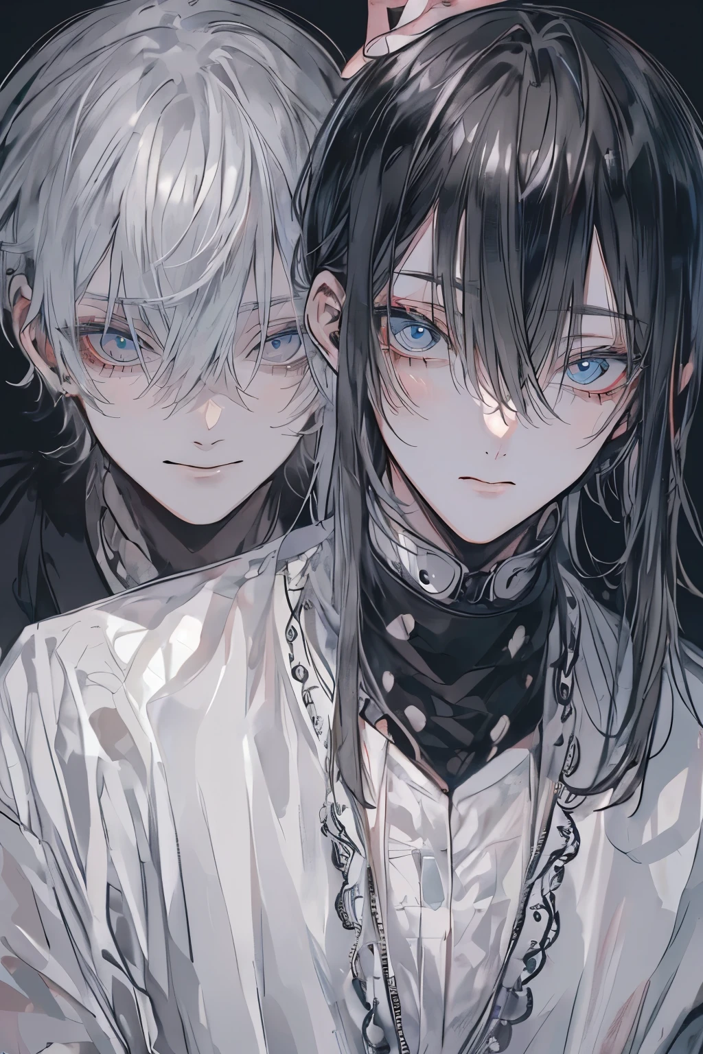 (Mastepiece), (Best Quality), Very detailed, (((Two friendly men:1.5))), Perfect Face, Beautiful Face, Very detailedな顔,(Black-haired man:1.3),(Grey-haired man:1.3),T-Shirts