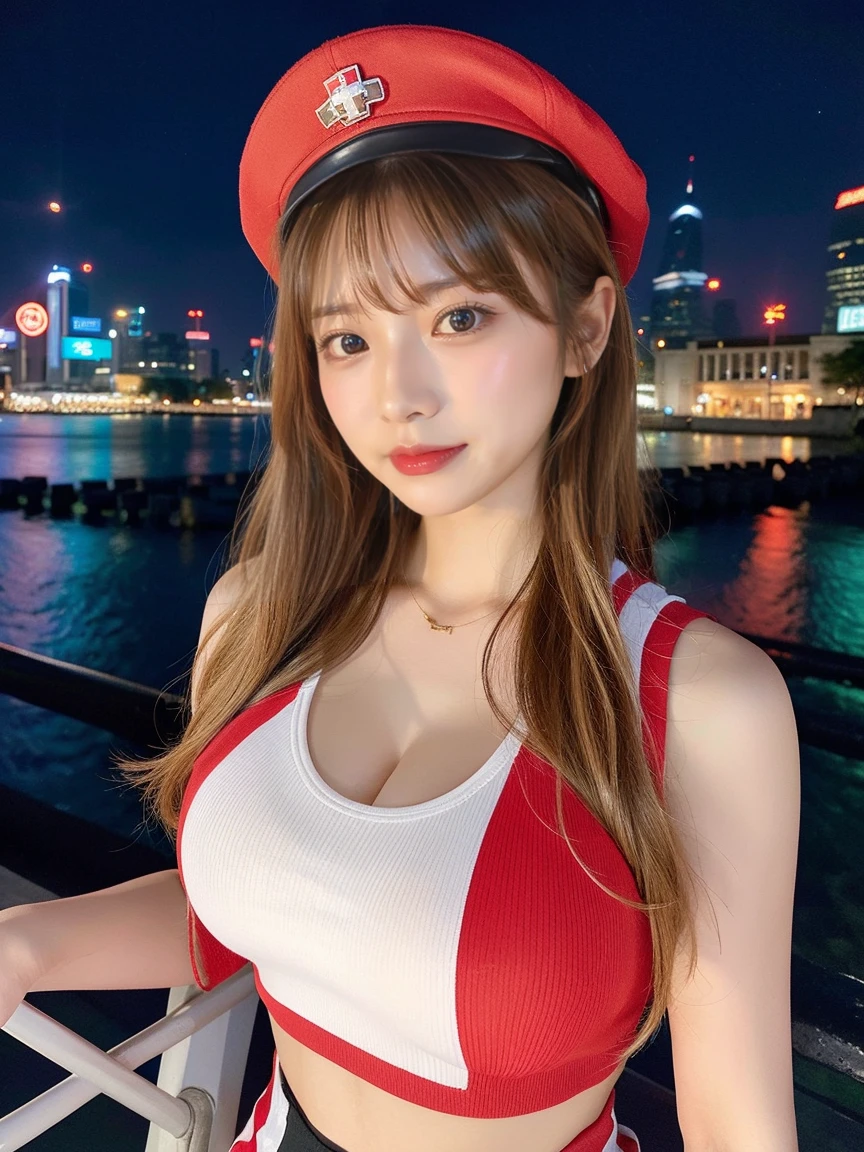 最high quality, masterpiece, 32K、Very detailed、Realistic、1 girl, Japanese women、Cute Face, (photo Actual:1.3),Medium Hair(Blonde Hair Color、Great brown hairstyles)、Edge lighting, (Skin with attention to detail:1.2), 8k超High resolution, Single-lens reflex camera, high quality, High resolution, 4K, 8k, Optimal ratio of four fingers to one thumb, (Actual:1.3), cute 1 girl, Realistic、Super Realistic、32K、Very detailed、masterpiece, 最high quality, beautiful girl, beauty、Mecha, Beautiful lighting, (Neon Light:1.2), (night:1.5), K-Pop Idol Costumes、Sleeveless outfit、Shorts、Large Breasts(Big Tits、H Cup)、Bursting 、Sleeveless tops that reveal cleavage、Swiss flag t-shirt、Red and white cheerleader skirt、Red military cap(Military style hat)、Are standing、Cyber Neon、Future City、Skyscraper、都会のnight、Shanghai、Big cities、night景、綺麗なnight景