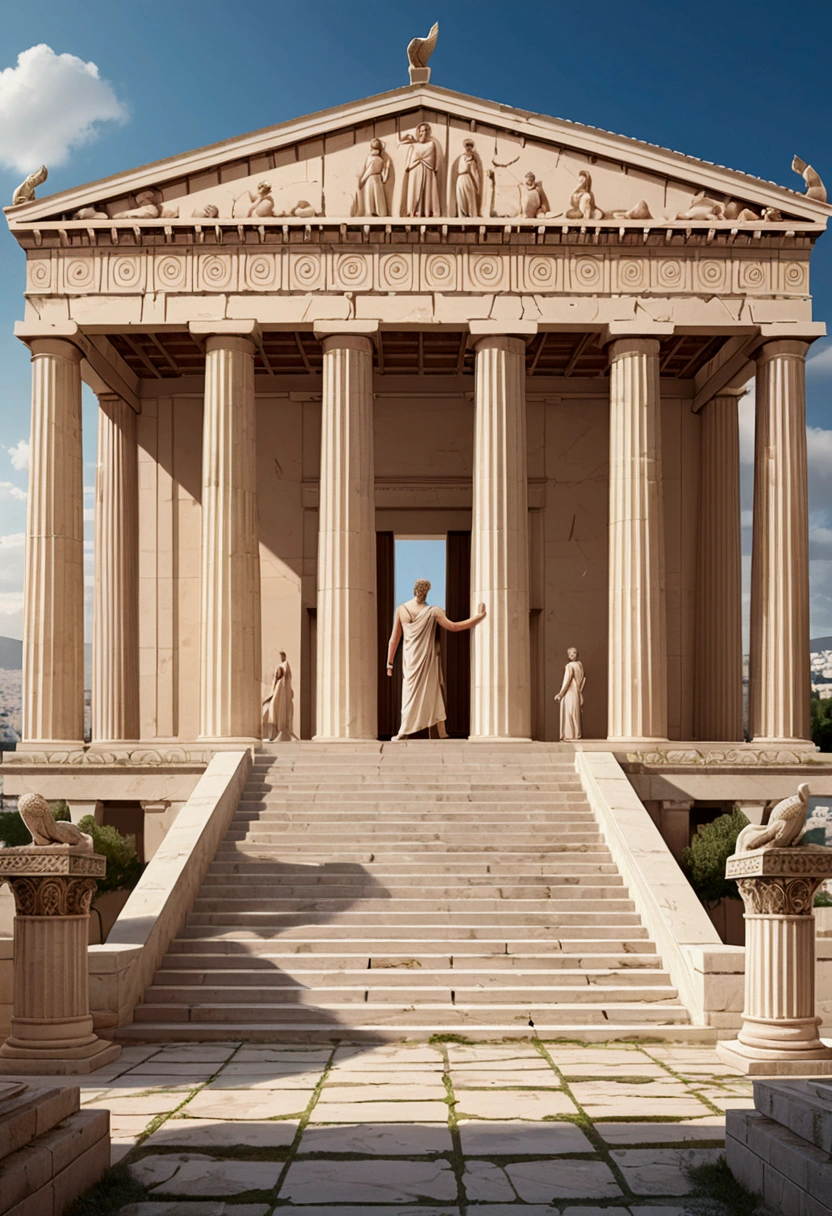 (Ancient Greek Art), Temple architecture, The Parthenon, panorama view, full body, award-winning, cinematic still, emotional, vignette, dynamic, vivid, (masterpiece, best quality, photorealistic, Professional, perfect composition, very aesthetic, absurdres, ultra-detailed, intricate details:1.3)