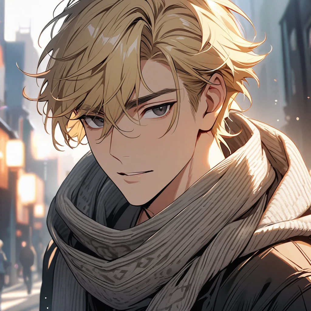 male, solo, handsome, blond hair, high detail, black eyes, wearing scarf,