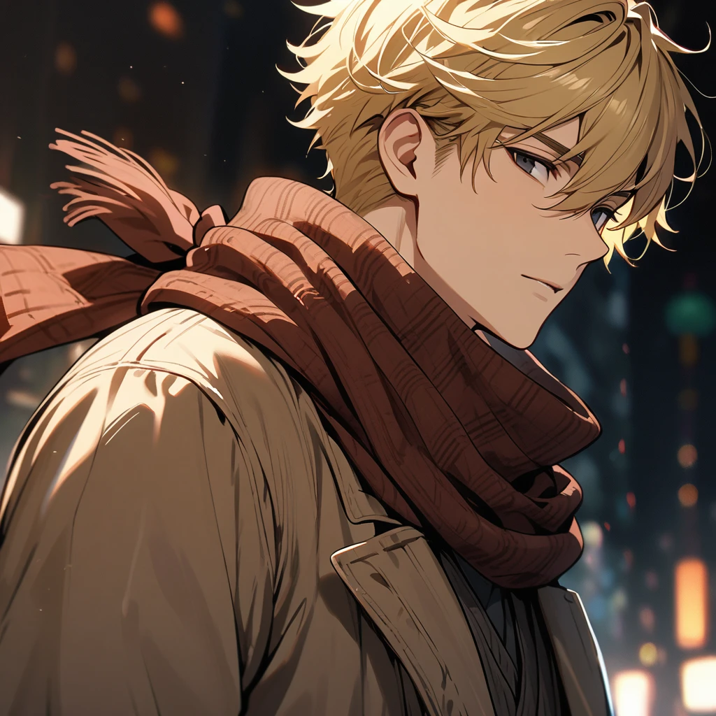male, solo, handsome, blond hair, high detail, black eyes, wearing scarf, 