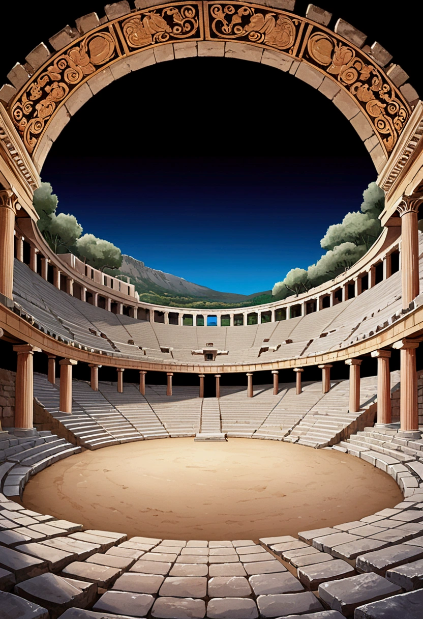 (Ancient Greek Art), architecture, Peloponnese, Epidaurus Ancient Theater, panorama view, full body, award-winning, cinematic still, emotional, vignette, dynamic, vivid, (masterpiece, best quality, photorealistic, Professional, perfect composition, very aesthetic, absurdres, ultra-detailed, intricate details:1.3)