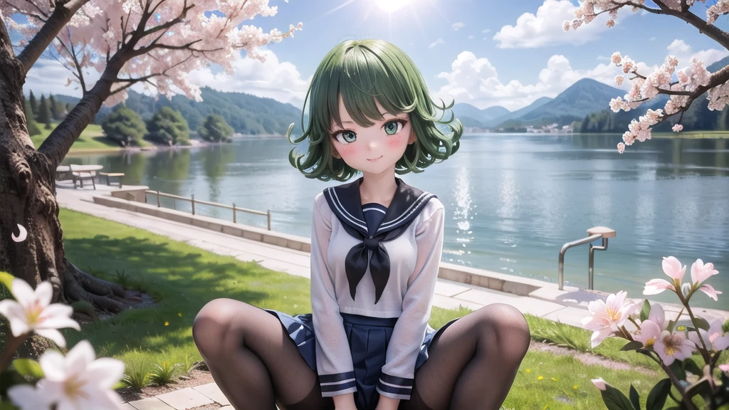 (masterpiece),  Outdoor,  cherry blossoms,  petal,  sunlight,  lake,  One Girl,  blush,  smile,  Medium Hair,  Sailor suit,Long skirt, Overgrown, petal, plant、Skirt lining、White slip、nostalgic、pantyhose（gray）、You can see the sea in the distance, Crotch close-up