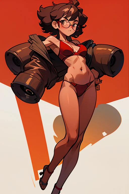Really embarrassed tomboy hairly girl, with short gray curly  hair, brown skin and  glasses, In  sexy red bra and thong , full body, dynamic poses, Views from back and front