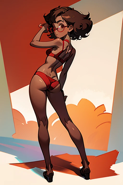 Really embarrassed tomboy hairly girl, with short gray curly hair, brown skin and glasses, In sexy red bra and thong , full body, dynamic poses, Views from back and front
